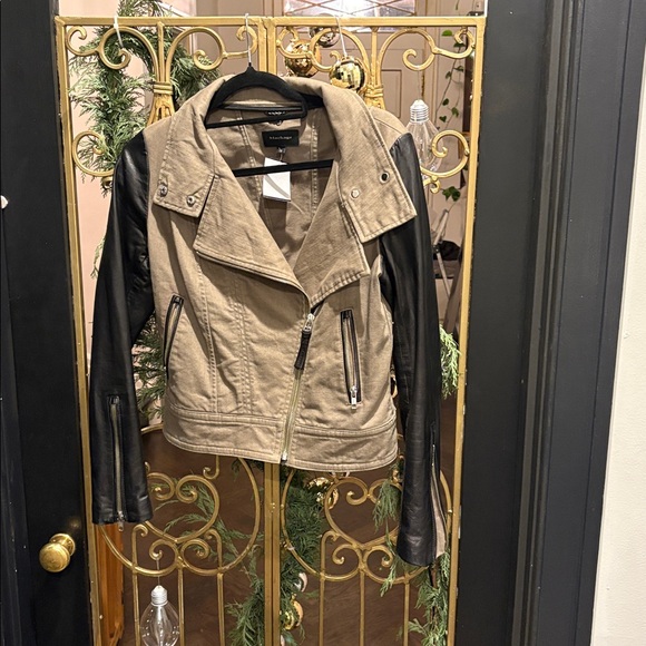 lambskin Leather green denim Biker Jacket mackage small designer Montreal